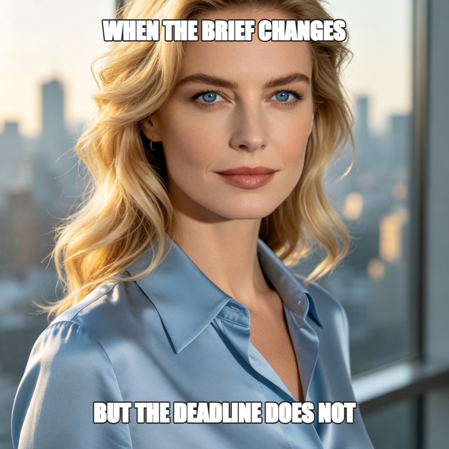 Generated work meme reading: When the brief changes, but the deadline does not